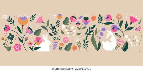 Hola primavera, verano, Pascua feliz, tarjeta de estilo moderno decorada, banner. Bunnies, flores y cesta. Diseño minimalista colorido