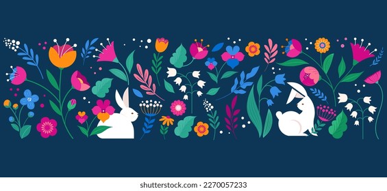 Hello spring, Summer time, Happy Easter, decorated modern style card, banner. Bunnies, flowers and basket. Colorful minimalist design