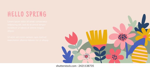 Hello spring, Summer time, Happy Easter, decorated modern style card, banner. Bunnies, flowers and basket. Colorful minimalist design