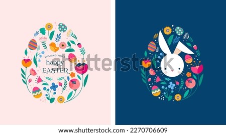 Hello spring, Summer time, Happy Easter, decorated modern style card, banner. Bunnies, flowers and basket. Colorful minimalist design