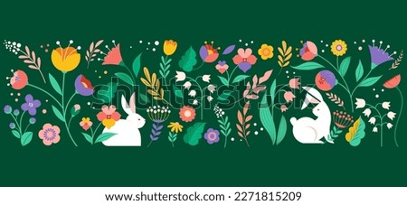 Hello spring, Summer time, Happy Easter, decorated modern style card, banner. Bunnies, flowers and basket. Colorful minimalist design