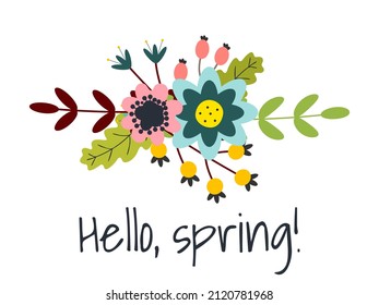 ¡Hola, primavera! Tamplate con flores lindas y hojas para postales, tarjetas de felicitación, invitaciones en fondo blanco.