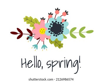 ¡Hola, primavera! Tamplate con flores lindas y hojas para postales, tarjetas de felicitación, invitaciones en fondo blanco.