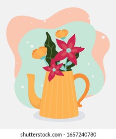 hello spring teapot with bunch flowers decoration celebration vector illustration