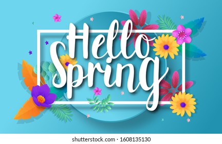 Hello spring template background vector with colorful flower