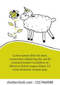 Hello Spring template. Hand-drawn illustration with flower, cute lamb and lettering. Spring vector design for flyer, card and posters