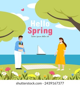 Hello Spring template. Happy family on picnic. Vector illustration EPS10