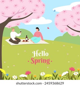 Hello Spring template. Happy family on picnic. Vector illustration EPS10