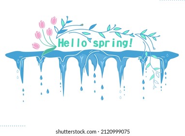 Hello spring template with melting icicles, sprouts of twigs, first spring flowers. Vector isolated elements on white