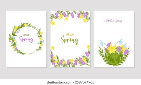Hello Spring template poster or cards set. Tulips and daffodils. Colorful background with beautiful flowers. Vector illustration for cover design marketing material natural and organic products.