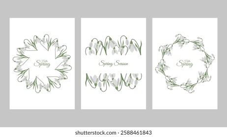 Hello Spring template poster or cards set. Snowdrops frames and wreath. Colorful background with beautiful flowers. Vector illustration for cover design marketing material natural and organic products
