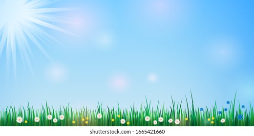 Hello Spring tender blue background with green grass border, blue sky and bright sun shining. Abstract spring banner design. Vector illustration
