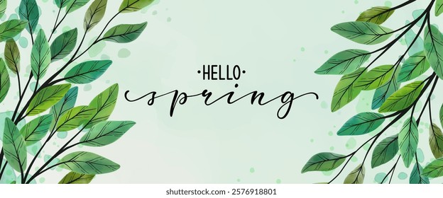 Hello spring text. Abstract art green leaves background. hand draw outline green and white outline leaves and brush strokes. Vector background for wall decoration, banner, postcard, poster or brochure