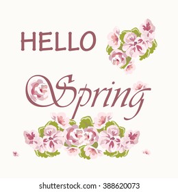 Hello Spring text background with delicate pink flowers. Rose quartz colors. Vector