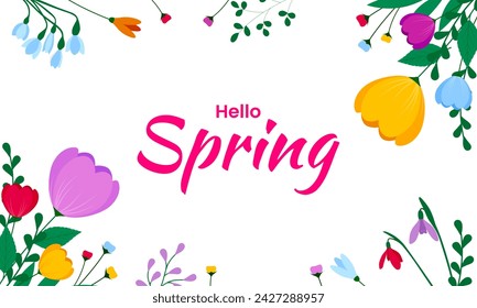 Hello spring text background design. Spring background template with colorful floral elements. Vector