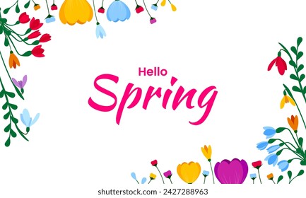 Hello spring text background design. Spring background template with colorful floral elements. Vector