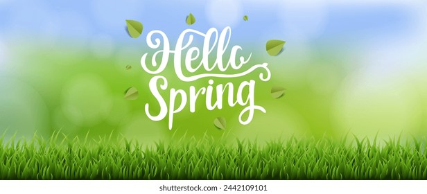 Hello Spring Text Banner With Grass And Bokeh With Gradient Mesh, Vector Illustration
