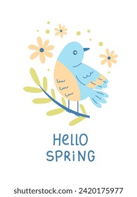 Hello Spring text with bird. Vector illustration. Seasonal greeting card with handwritten lettering animal twig flower. Springtime poster, postcard, banner.