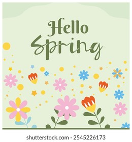 Hello Spring text with colorful flowers. Flowers bloom in spring. Spring Flourishing concept. Flat vector illustration.