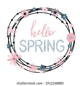 Hola texto primavera de los colores y caligrafía. Marco lineal redondo decorado con bonitas flores de jardín. Ilustración vectorial en el estilo escandinavo