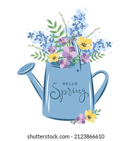 Hello spring text. Cute watering can with spring flowers. Garden plants. Vector illustration.