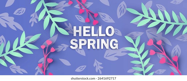 Hello Spring text decorated with flower, leaves. Hello Spring banner. paper cut and craft style. vector, illustration.