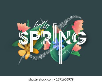 Hello Spring Text Decorated with Magic Waves, Flowers and Leaves on Green Background.