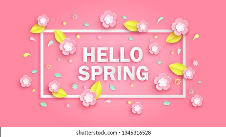 Hello Spring text decoration in rectangle frame with flower, leaves and celebration firework on pink pastel background. Hello Spring banner. paper cut and craft style. vector, illustration.