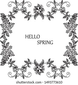 Hello spring text with element leaves and floral frame. Vector