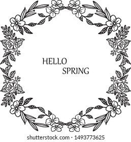 Hello spring text with element leaves and floral frame. Vector