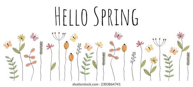 Hello Spring - text in English language. Greeting banner with lovingly drawn butterflies and flowers.