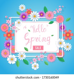 Hello spring text, Floral pattern, Card for spring season,  Promotions, Brochure,  Voucher  discount, Poster greeting,invitation, template, banner, poster.