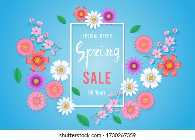 Hello spring text, Floral pattern, Card for spring season,  Promotions, Brochure,  Voucher  discount, Poster greeting,invitation, template, banner, poster.