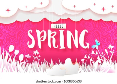 Hello Spring text with flowers, grass, clouds and butterfly white paper cut out material design on a bright pink background with doodle ornament. Paper art. Vector illustration