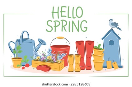 Hello spring text. Gardening, growing plants, agricultural tools. Vector illustration.