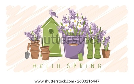 Hello spring text. Gardening, growing plants and flowers, agricultural tools. Vector illustration for banner, cover, advertisement.