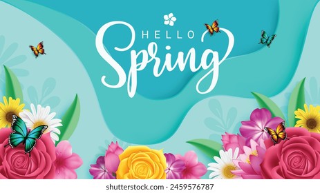 Hello spring text greeting vector design. Spring greeting card with blooming beautiful flowers and butterfly for seasonal background decoration. Vector illustration spring season greeting card.
