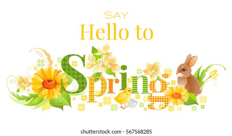 Hello Spring text lettering logo. Easter bunny icon, chicken symbol, egg, flat flower, cherry blossom. Springtime holiday poster. Vector banner isolated white background. Greeting card illustration