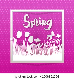 Hello Spring text with meadow with flowers on green background. Grass, tulips and chamomiles cut out from paper. Vector illustration. Pink banner with place for text. Paper art. Vector illustration