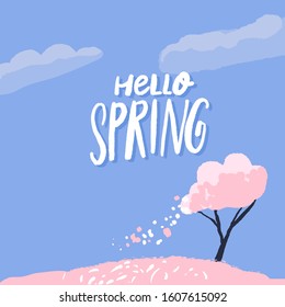 Hello spring text on beautiful scenery, pink cherry blossom tree with falling petals and blue sky. Vector cartoon illustration