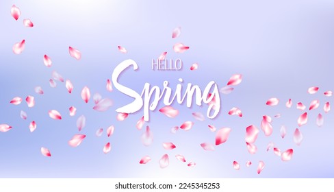 Hello Spring text on blue sky background. Flying pink flower blossom petals pattern. Seasonal Hello Spring banner, flyer design. Text lettering calligraphy.