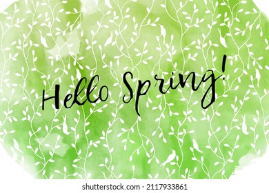 Hola texto primavera sobre fondo colorido con trazos de pincel verde y azul. Ilustración del vector