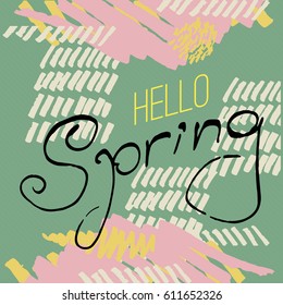 Hello spring text on colorful background. Pastel banner. Vector illustration.