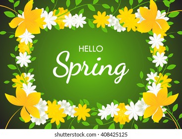 Hello Spring text on flowers frame background