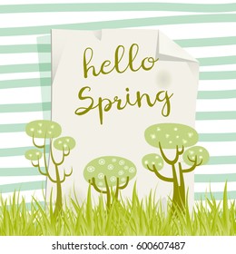 Hello Spring text on paper, seasonal background vector illustration design, card. Poster with typography, lettering. 