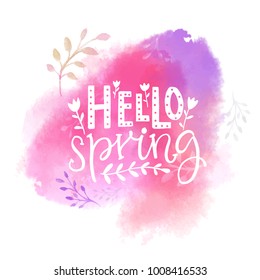 Hello Spring Text On Pink Watercolor Swash