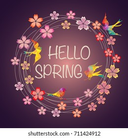 hello spring text on sakura flower blossom and bird fly background. vector illustration.