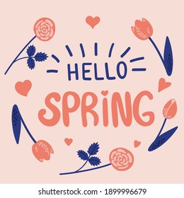 Hola frase de texto de primavera. Diseño de tipografía manuscrita. Tipo de letra, afiche, postal, impresa, portada. Elemento estacional para el diseño de tarjetas de felicitación, invitaciones. Ilustración vectorial.
