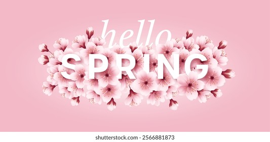 Hello Spring Text Surrounded by Cherry Blossom Flowers on a Pink Background. A cheerful design featuring the greeting Hello Spring surrounded by cherry blossoms, set against a soft pink background.