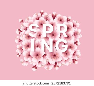 Hello Spring Text Surrounded by Cherry Blossom Flowers on a Pink Background. A cheerful design featuring the greeting Hello Spring surrounded by cherry blossoms, set against a soft pink background.